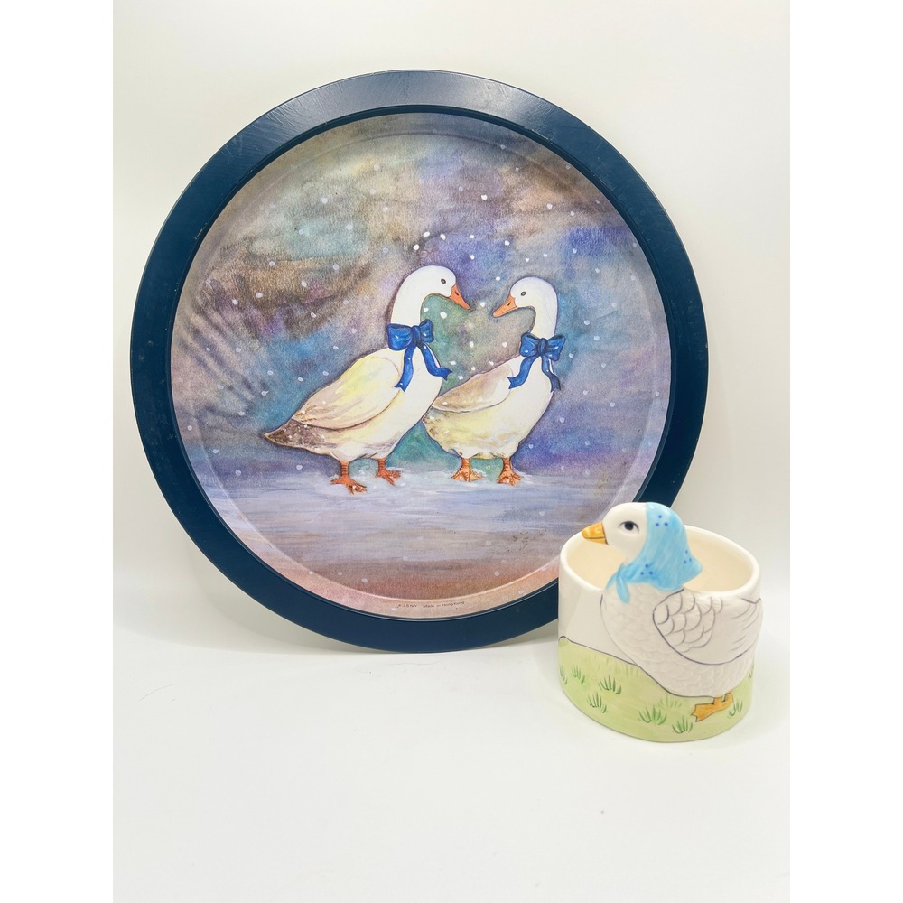 Vintage Goose Decor Bundle JSNY Metal Tray US Leisure Ceramic Planter Blue White